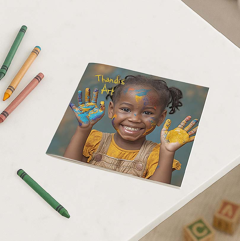 120x120mm staple bound personalised softcover book showcasing children’s artwork on cover