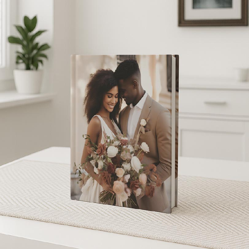 A4 portrait personalised hardcover photobook with wedding photos on cover design and premium finish