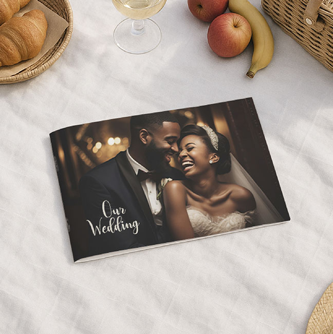 A5 landscape staple bound personalised softcover photo book with wedding couple photo on the cover