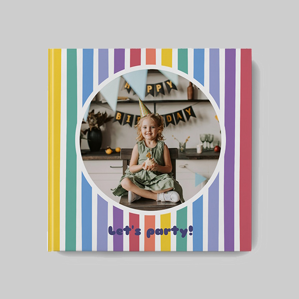 Colourfull AI theme square personalised hardcover photobook with colourful vibrant design and personalised photo pages