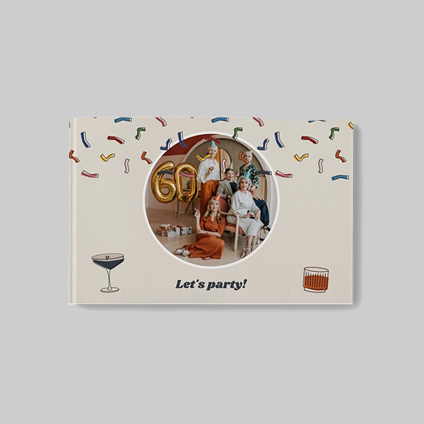 Party AI theme landscape personalised hardcover photobook with colourful party-style design and personalised photo pages