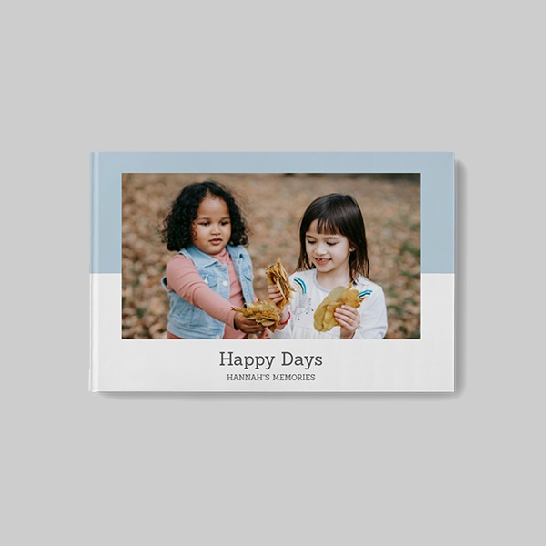 Pastel Blue AI Theme Landscape Personalised Hardcover Photobook with premium hard cover and soft pastel blue AI-designed layout