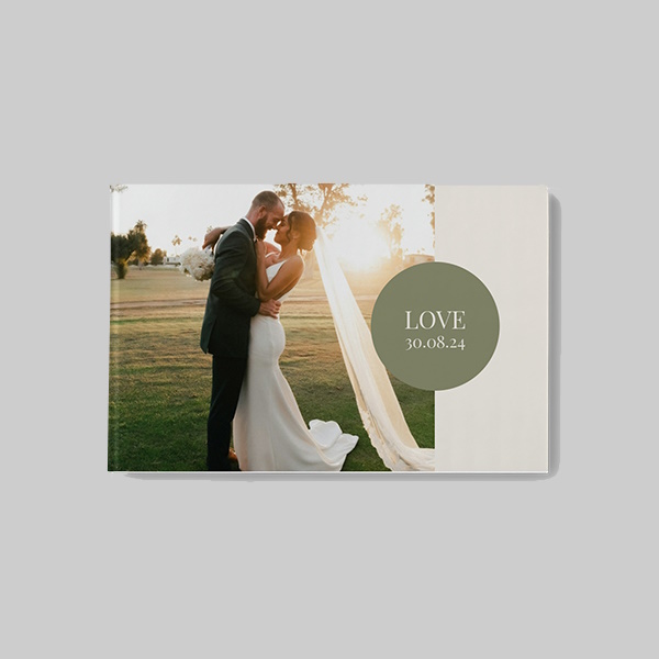 A5 landscape softcover photobook with AI wedding theme featuring personalised wedding photos and elegant romantic design.