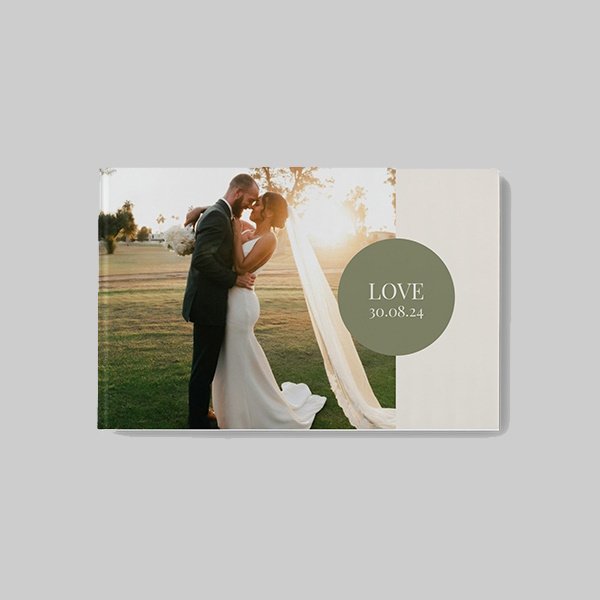 Landscape hardcover wedding photobook with AI theme showing personalised wedding photos, elegant layouts and premium hardcover finish.