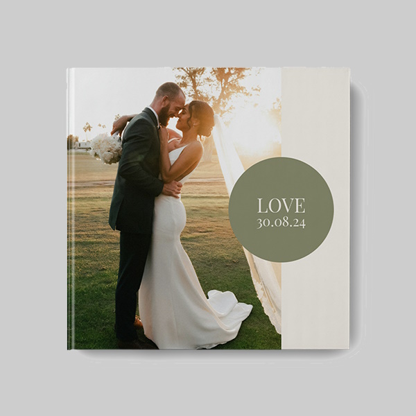 Square hardcover wedding photobook with AI-themed personalised wedding photos, elegant layouts and premium hardcover finish.