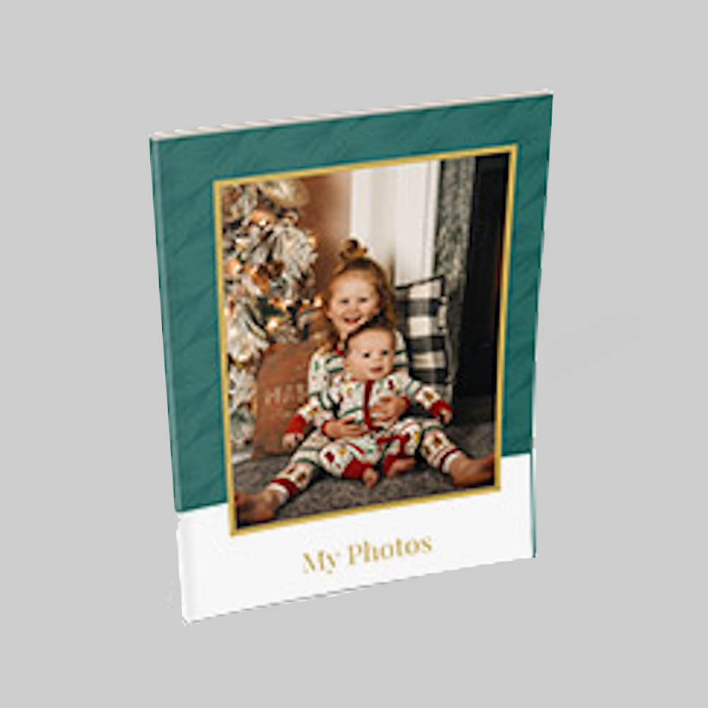 Holiday Green and Gold AI theme A4 portrait personalised photobook with elegant festive green and gold design