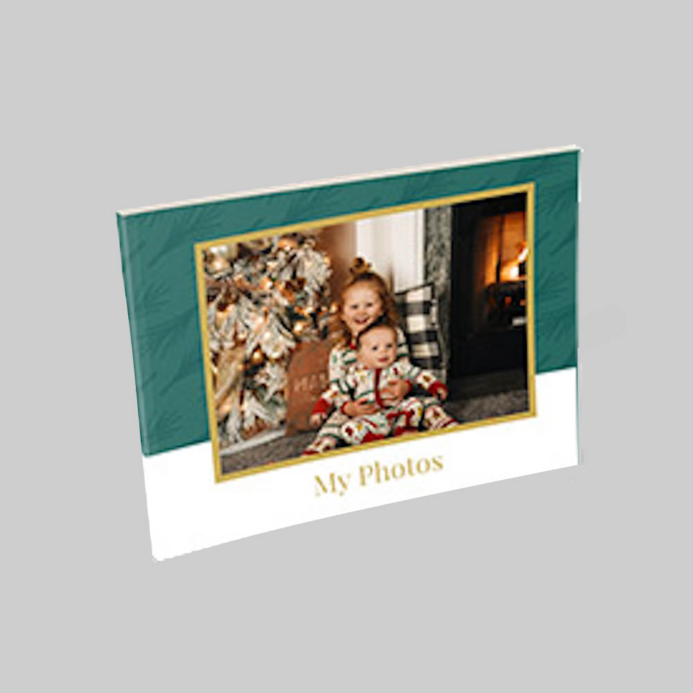 Holiday Green and Gold AI theme landscape personalised hardcover photobook with elegant festive green and gold design