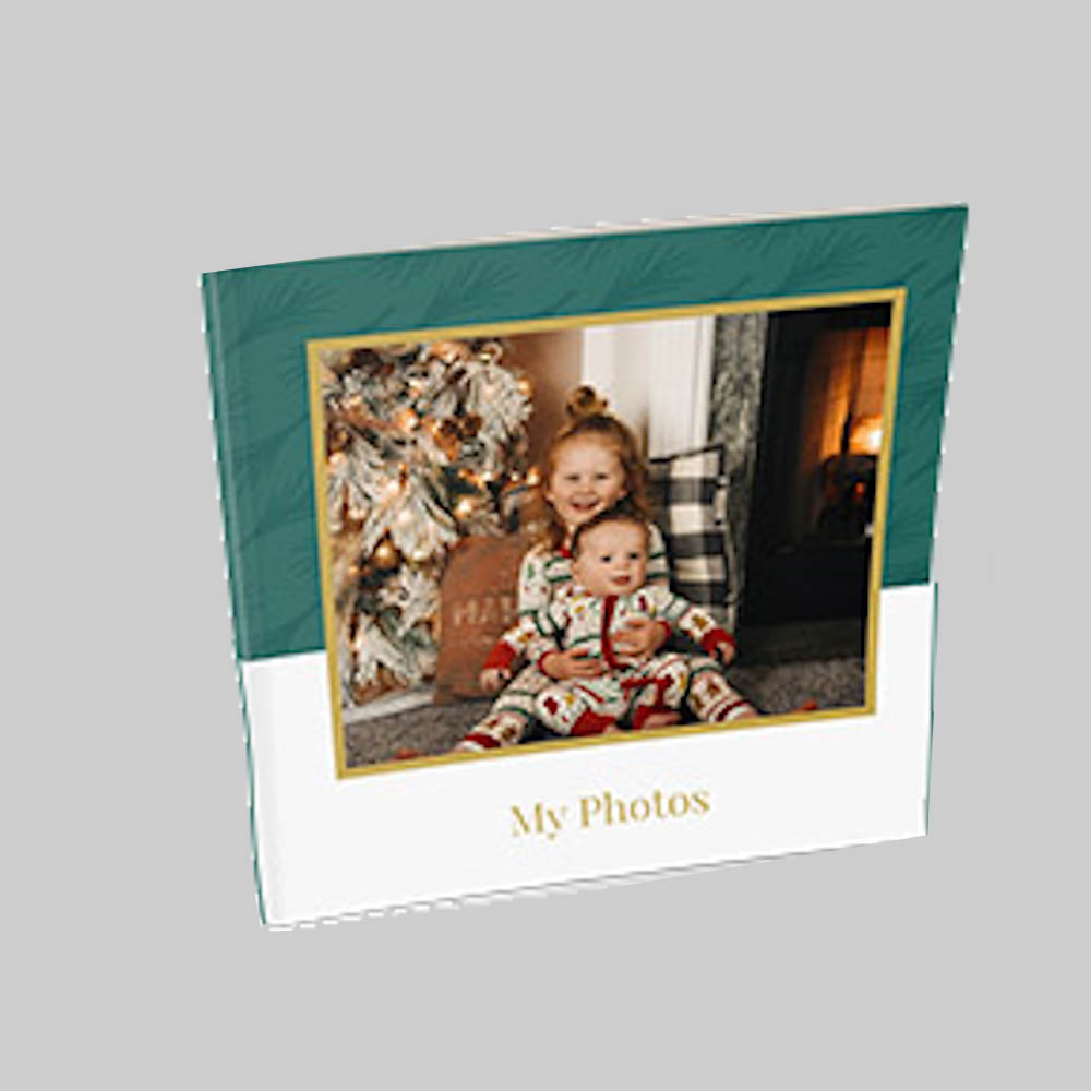 Holiday Green and Gold AI theme square personalised hardcover photobook with elegant festive green and gold design