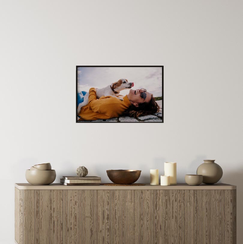 300x450mm block mounted print with woman and her dog photo for personalised wall art display