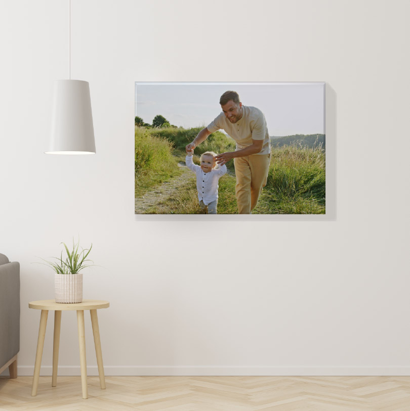 300x450mm stretched canvas print with photo of father and daughter smiling together