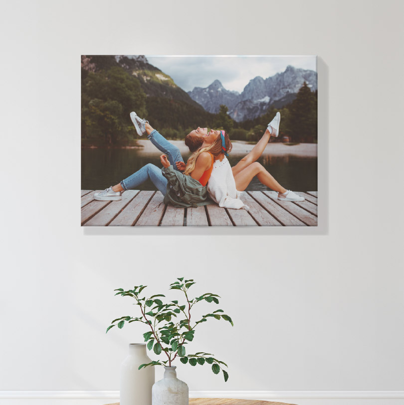 400x600mm stretched canvas print with photo of best friends at a lake enjoying outdoor scenery together