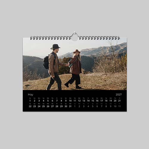 A3 landscape panoramic minimalist black themed personalised photo calendar with custom images and sleek modern layout.