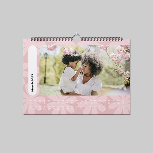 A3 landscape panoramic pastel themed personalised calendar with custom panoramic photos and pastel design in a wide-format wall calendar.