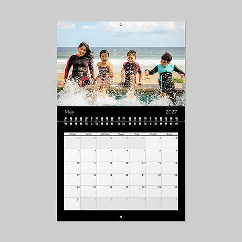 A4 landscape minimalist black themed personalised photo calendar with custom images and elegant black design.