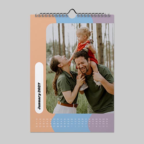 A4 portrait panoramic pastel themed personalised calendar with custom panoramic photos and personalised monthly layouts.