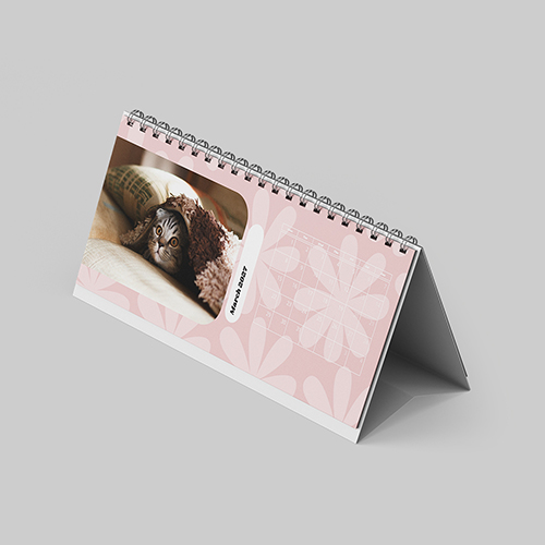 Desktop landscape panoramic pastel themed personalised calendar with custom panoramic photos and pastel design for desk use.