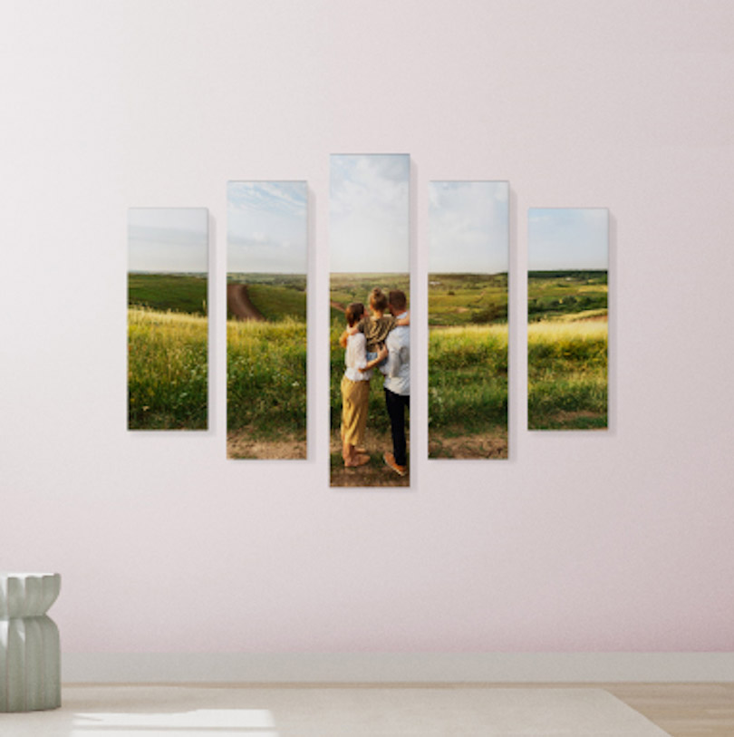 Set of 5 stretched canvas prints with family photo in countryside outdoors nature scene together