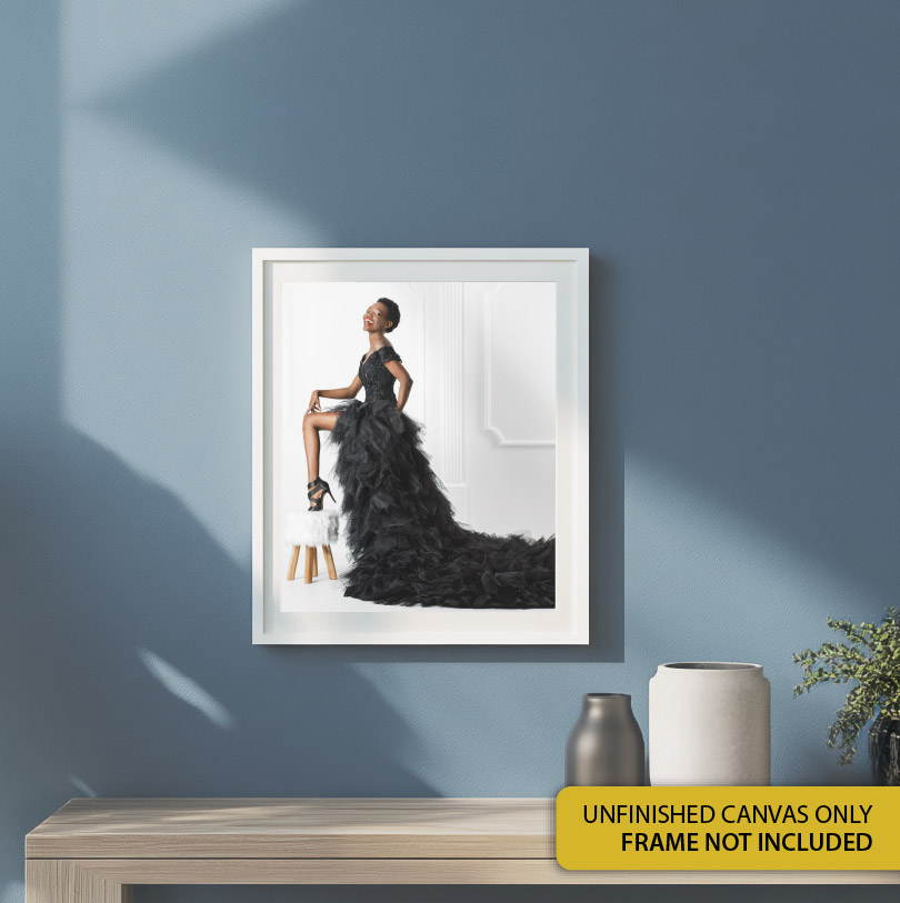 300x450mm unfinished canvas with photo of woman in black dress for personalised portrait wall art or canvas print display
