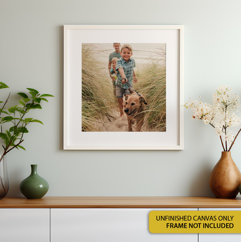 400x400mm unfinished canvas with photo of kids and dog for personalised wall art or DIY canvas printing