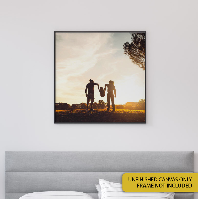 600x600mm unfinished canvas with couple and child photo for personalised family wall art or canvas printing display