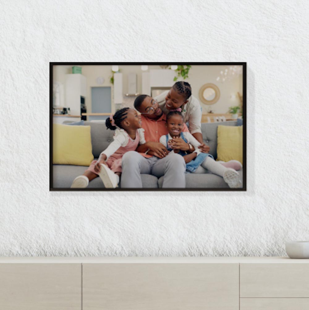 600x900mm box mount print with family in living room photo for personalised wall art display