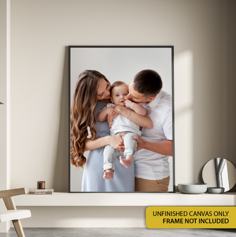 600x900mm unfinished canvas with father mother and baby photo for personalised family wall art or canvas print display