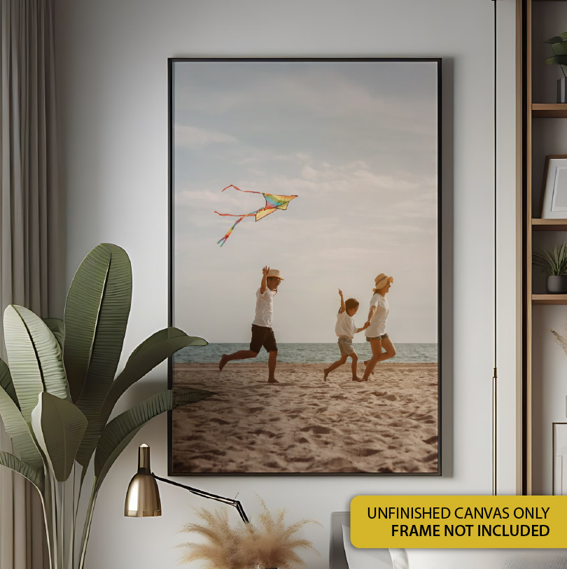 800x1100mm unfinished canvas with family flying a kite on the beach photo for personalised wall art or canvas print display
