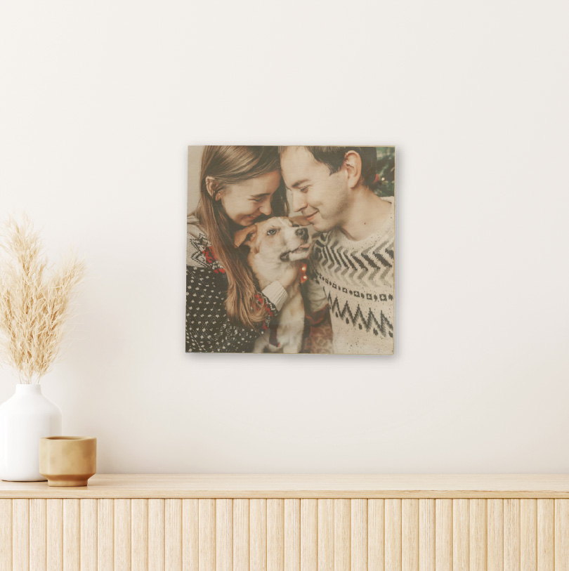 200x200mm 9mm birch wood photo print showing happy couple with their dog on natural wooden panel
