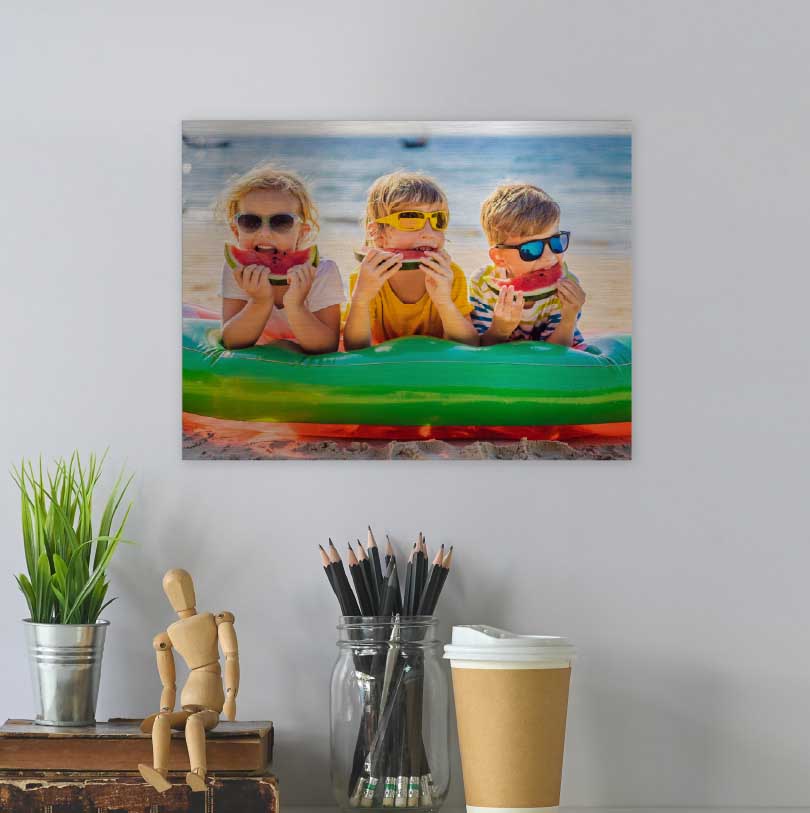 200x300mm brushed silver aluminium print with photo of children eating watermelon on beach outdoors