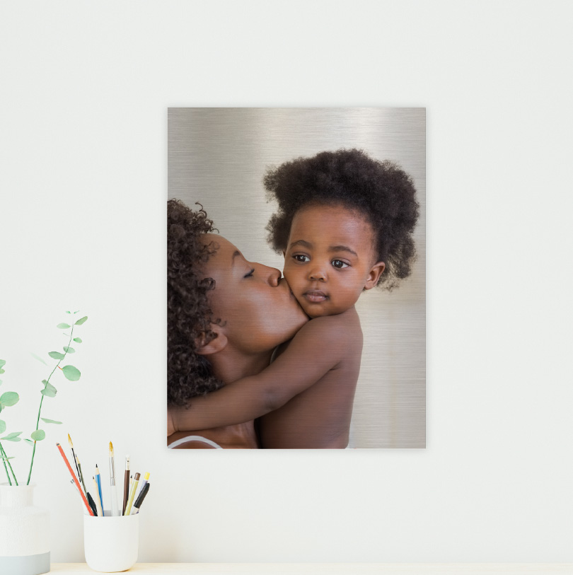 300x200mm brushed silver aluminium print with photo of mom kissing baby boy affectionately