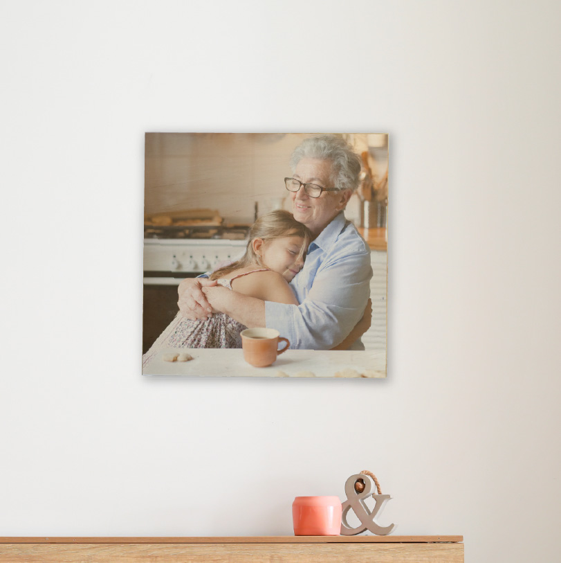 300x300mm birch wood photo print showing grandma and daughter together on natural wooden panel