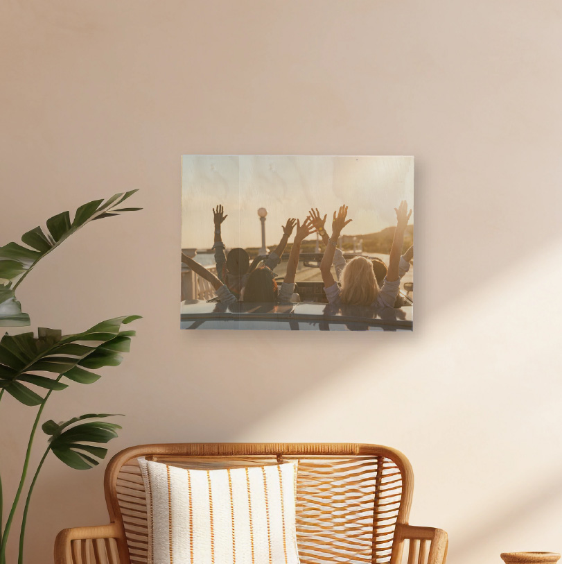 300x400mm birch wood photo print showing friends in car with hands raised on natural wooden panel