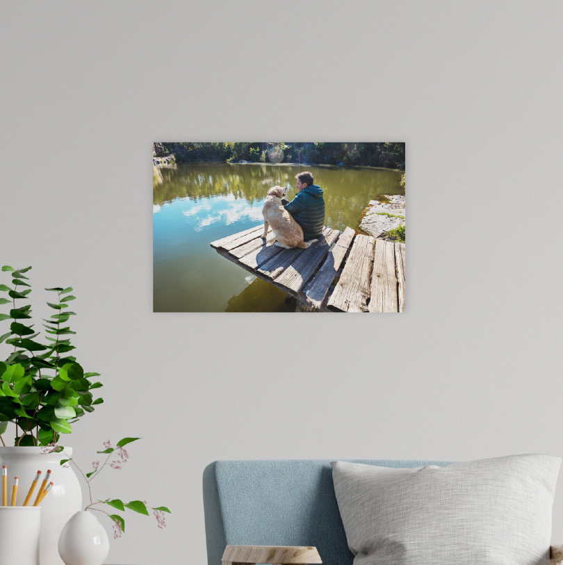 300x400mm foam board print with photo of man and his dog sitting on jetty by the water outdoors