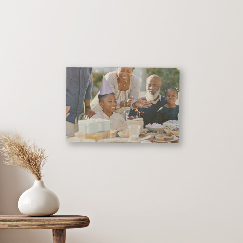 300x450mm birch wood photo print showing family birthday party on natural wooden panel