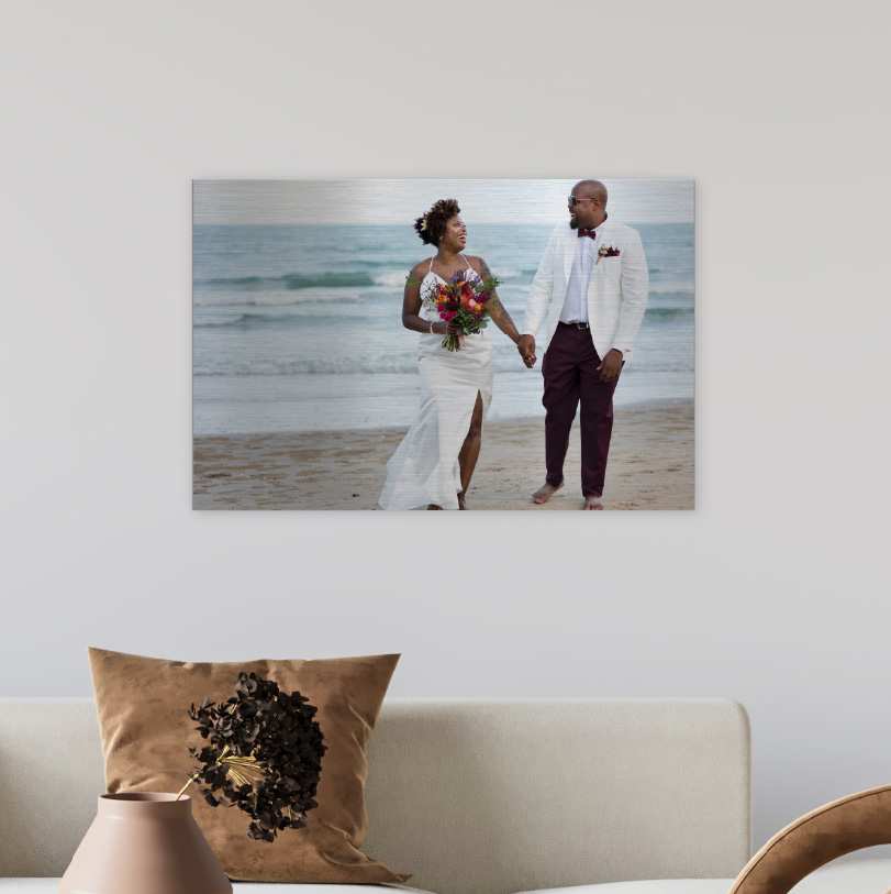 300x450mm brushed silver aluminium print with photo of wedding couple on beach during photoshoot