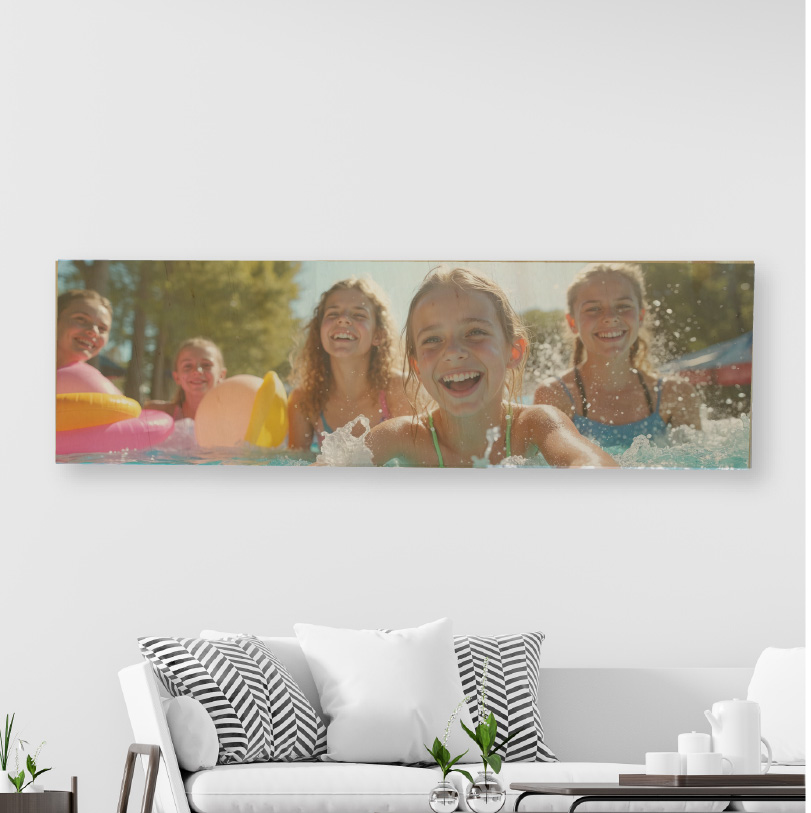 300x900mm birch wood photo print showing family in pool on natural wooden panel