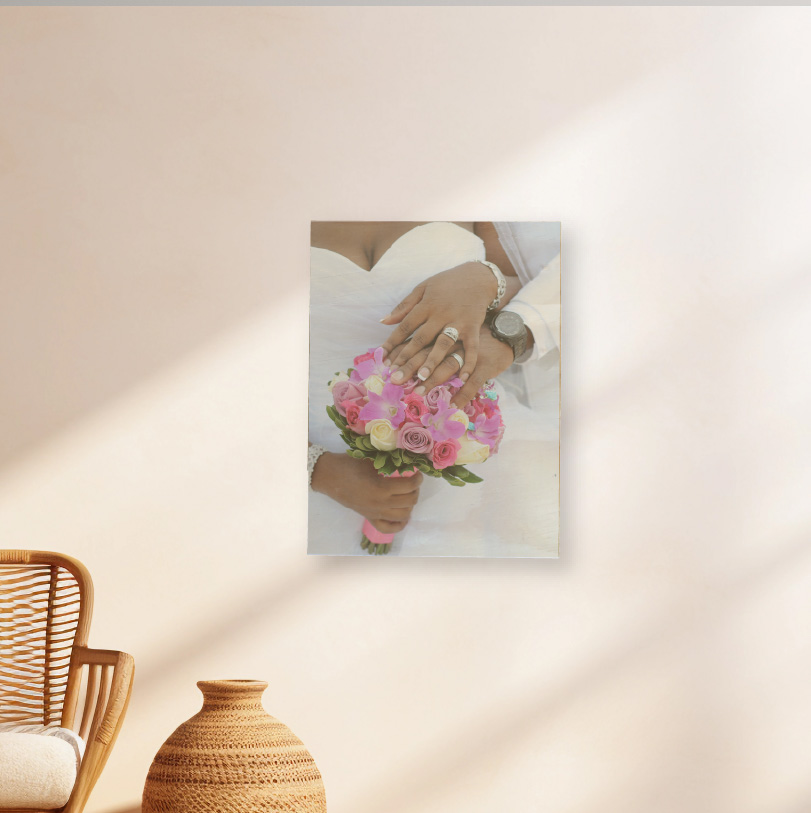 400x300mm birch wood photo print showing wedding rings on natural wooden panel