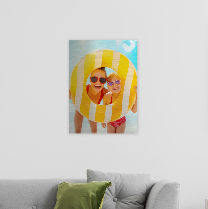 400x300mm brushed silver aluminium print with photo of girls looking through swimming tube while playing in water