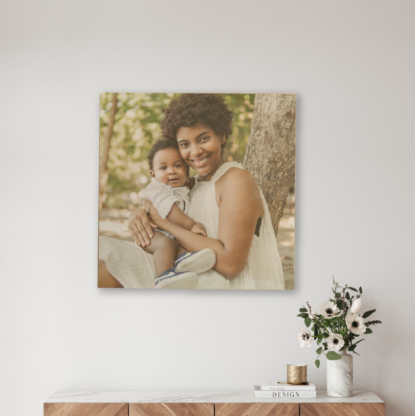 400x400mm birch wood photo print showing mother and daughter together on natural wooden panel