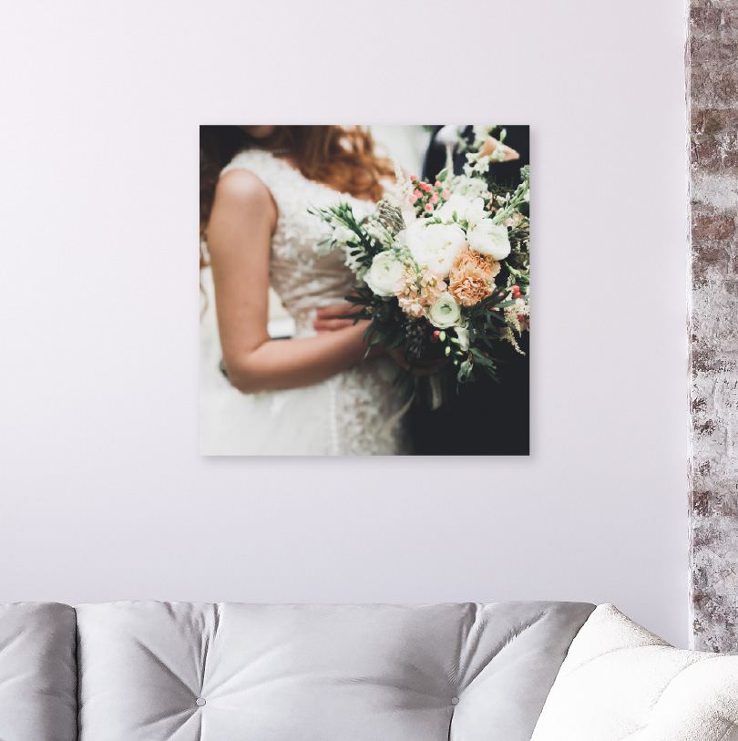 400x400mm foam board print with photo of wedding couple smiling together on wedding day