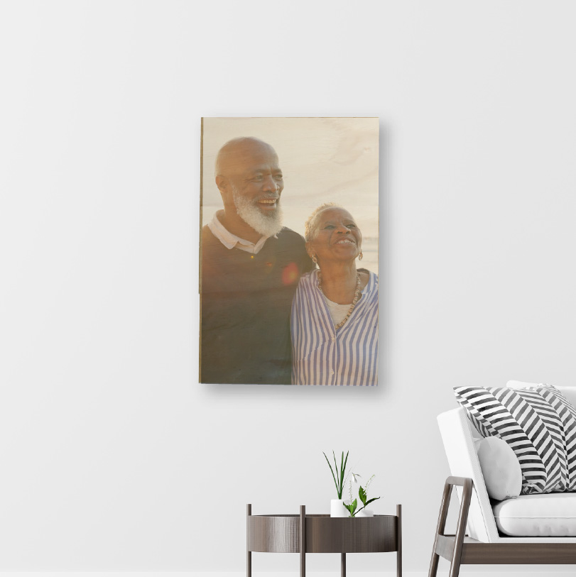 450x300mm birch wood photo print showing happy elderly couple on natural wooden panel