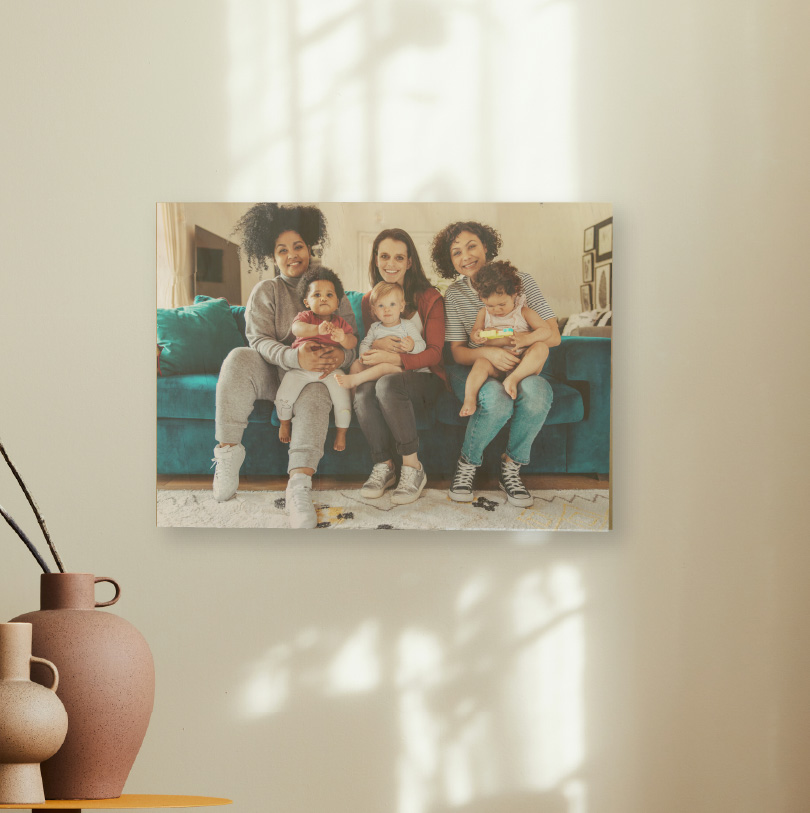 450x600mm birch wood photo print showing moms with daughters on natural wooden panel