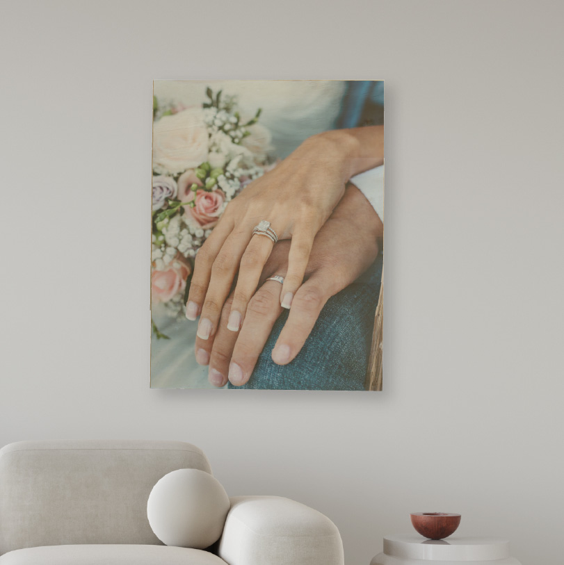 500x400mm birch wood photo print showing newlywed couple hands with wedding rings on natural wooden panel