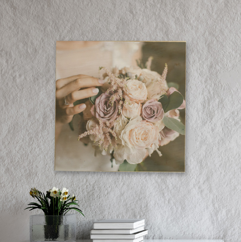 500x500mm 9mm birch wood photo print showing woman holding flowers on natural wooden panel
