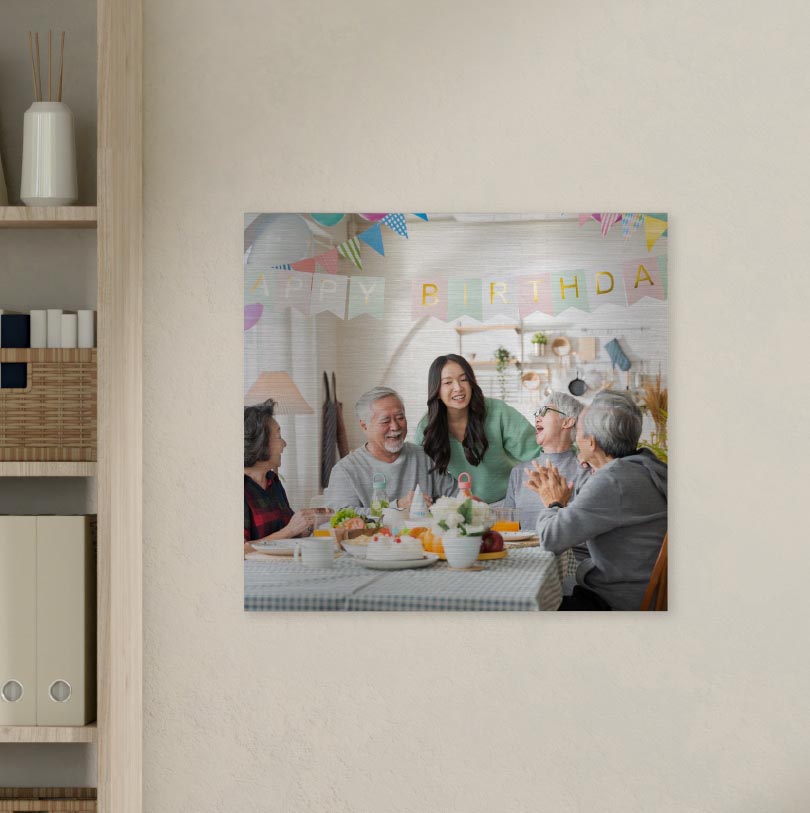 500x500mm brushed silver aluminium print with photo of family celebrating birthday party together