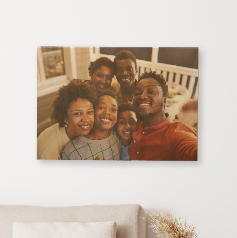 500x700mm birch wood photo print showing happy family selfie on natural wooden panel