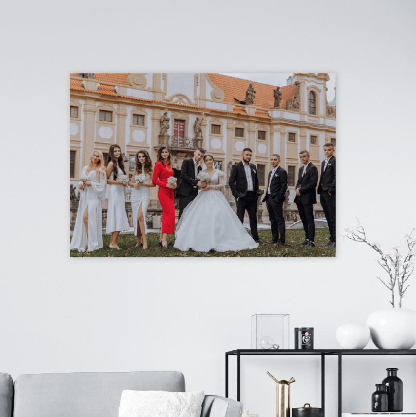 500x700mm foam board print with photo of bride groom bridesmaids and groomsmen posing together at wedding celebration