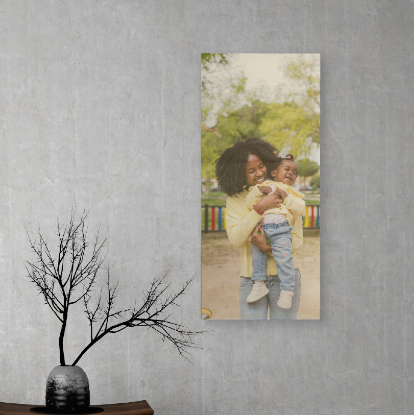 600x200mm birch wood photo print showing mother and daughter at playground on natural wooden panel