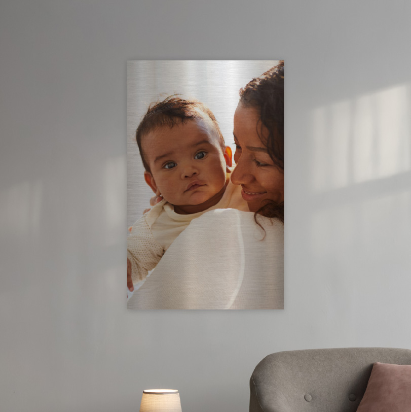 600x450mm brushed silver aluminium print with photo of mother holding baby lovingly in arms