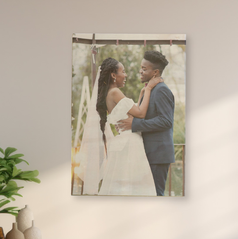 700x500mm birch wood photo print showing young newlywed couple on natural wooden panel